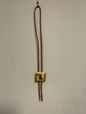 Western Style Bolo Tie Brass Square Slide Cowboy Boot Braided Leather Cord EUC